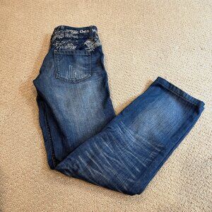 Desigual Jeans Straight Leg Boho Artsy Embroidery Low Rise Button Fly Slim Sz 28
